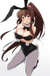 Rule 34 | 1girl, animal ears, black bow, black bowtie, black leotard, bow, bowtie, breasts, brown hair, cherry blossoms, cleavage, detached collar, fake animal ears, flower, full body, graphite (medium), grey pantyhose, hair flower, hair ornament, highres, kantai collection, kneeling, large breasts, leotard, long hair, looking at viewer, nel-c, open mouth, pantyhose, playboy bunny, ponytail, rabbit ears, rabbit girl, rabbit tail, red eyes, simple background, solo, strapless, strapless leotard, tail, traditional media, wavy mouth, white background, white pantyhose, wrist cuffs, yamato (kancolle)