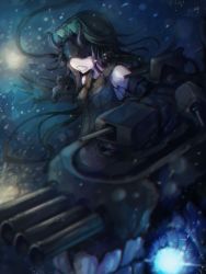 Rule 34 | 10s, 1girl, abyssal ship, black dress, black hair, blindfold, blurry, boots, cannon, clenched teeth, covered eyes, depth of field, dress, elbow gloves, gloves, highres, horns, kajaneko, kantai collection, light cruiser princess, long hair, machinery, mask, pale skin, parted bangs, solo, teeth, turret