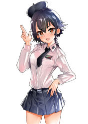 Rule 34 | 1girl, :d, anzio school uniform, belt, beret, black belt, black hair, black hat, black necktie, black skirt, braid, brown eyes, commentary request, cowboy shot, dress shirt, emblem, fang, girls und panzer, hair tie, hand on own hip, hat, highres, long sleeves, looking at viewer, miniskirt, nakasone haiji, necktie, open mouth, pantyhose, pepperoni (girls und panzer), pleated skirt, salute, school uniform, shirt, short hair, side braid, simple background, skin fang, skirt, smile, solo, standing, tilted headwear, two-finger salute, white background, white pantyhose, white shirt, wing collar