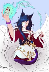 Rule 34 | 1girl, absurdres, ahri (league of legends), animal ear fluff, animal ears, blue hair, bracelet, closed mouth, facial mark, fingernails, fire, fire, fox ears, fox tail, hair between eyes, highres, hitodama, jewelry, kitsune, league of legends, long fingernails, long hair, long sleeves, multiple tails, nail polish, red lips, red nails, sharp fingernails, smile, solo, tail, talos198, very long fingernails, whisker markings, wide sleeves, yellow eyes