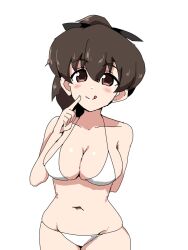 Rule 34 | 1girl, artist request, bikini, breasts, brown eyes, brown hair, girls und panzer, highres, koyama yuzu, large breasts, licking lips, looking at viewer, ponytail, shiny skin, simple background, smile, solo, standing, swimsuit, thong bikini, tongue, tongue out, white background, white bikini