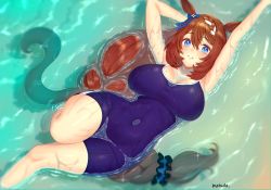 Rule 34 | 1girl, animal ears, arms up, beach, blue eyes, blush, braid, breasts, brown hair, commentary request, covered navel, hair ornament, hair ribbon, highres, horse ears, horse girl, horse tail, in water, large breasts, looking at viewer, lying, matsuda oruta, multicolored hair, on back, one-piece swimsuit, parted lips, ribbon, school swimsuit, scrunchie, signature, solo, streaked hair, super creek (umamusume), swimsuit, tail, umamusume, white hair