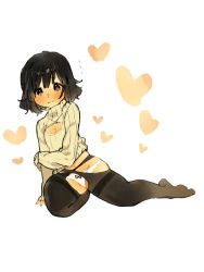 Rule 34 | 1girl, black eyes, black hair, blush, bow, bow panties, breasts, cleavage, cleavage cutout, clothing cutout, heart, highres, oimo (14sainobba), panties, simple background, solo, sweater, underwear, white background, white panties