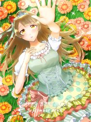 Rule 34 | 1girl, artist name, artist request, blurry, blush, bow, breasts, brown eyes, brown hair, cross-laced clothes, cross-laced dress, depth of field, dress, female focus, field, flower, flower field, frilled dress, frilled skirt, frills, grass, green bow, green dress, green skirt, grey hair, hair bow, hair flower, hair ornament, hair rings, highres, jewelry, light brown hair, long hair, looking at viewer, love live!, love live! school idol festival, love live! school idol project, medium breasts, minami kotori, miniskirt, orange bow, orange skirt, parted lips, plaid, plaid dress, plaid skirt, pleated, pleated dress, pleated skirt, polka dot, polka dot skirt, ponytail, puffy short sleeves, puffy sleeves, purple flower, reaching, reaching towards viewer, red flower, short sleeves, side ponytail, skirt, smile, solo, sparkle, striped bow, striped clothes, striped skirt, vertical-striped clothes, vertical-striped skirt, yellow eyes, yellow flower, yellow skirt