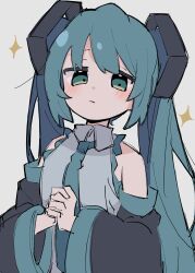 Rule 34 | 1girl, aqua eyes, aqua hair, aqua necktie, bare shoulders, black sleeves, blush, closed mouth, collared shirt, commentary, detached sleeves, grey shirt, hair ornament, hatsune miku, highres, interlocked fingers, long hair, long sleeves, looking at viewer, n40a1, necktie, own hands together, shirt, simple background, sleeveless, sleeveless shirt, solo, sparkle, twintails, upper body, vocaloid, white background, wide sleeves