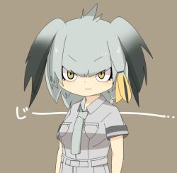 Rule 34 | 1girl, belt, black hair, breasts, brown background, closed mouth, collared shirt, commentary request, cowboy shot, expressionless, grey belt, grey hair, grey necktie, grey shirt, grey shorts, hair between eyes, kemono friends, lets0020, long hair, looking at viewer, medium breasts, multicolored hair, necktie, orange hair, shirt, shoebill (kemono friends), short sleeves, shorts, simple background, solo, v-shaped eyebrows, yellow eyes
