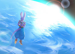 Rule 34 | 10s, 1boy, arms behind back, back turned, beerus, blue pants, bracelet, dragon ball, dragon ball super, earth (planet), flying, jewelry, looking away, male focus, pants, planet, solo, tail