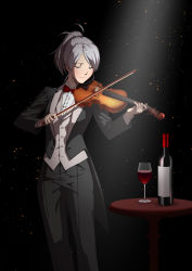 Rule 34 | 1girl, alternate costume, axia-chan, blush, bottle, bow, bow (music), bowtie, closed eyes, coattails, commission, cup, drinking glass, formal, gloves, grey hair, highres, instrument, light beam, light smile, melty blood, pant suit, pants, red wine, riesbyfe stridberg, short ponytail, sidelocks, solo, suit, tsukihime, violin, white gloves, wine, wine bottle, wine glass