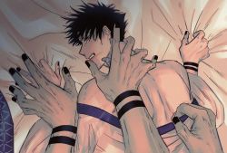 Rule 34 | 2boys, arm tattoo, bed sheet, black hair, black nails, blue eyes, clenched teeth, commentary request, extra arms, from behind, fushiguro megumi, fushirun rung, hand mouth, highres, japanese clothes, jujutsu kaisen, kimono, lipstick, looking back, lying, makeup, male focus, multiple boys, nail polish, on stomach, open clothes, pulling another&#039;s clothes, ryoumen sukuna (jujutsu kaisen), sheet grab, short hair, size difference, smeared lipstick, spiked hair, sweat, tattoo, tears, teeth, toned, toned male, tongue, tongue out, undressing another, white kimono, wide sleeves, yaoi