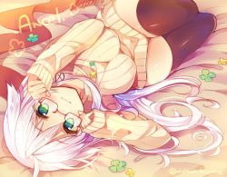 Rule 34 | 1girl, anceril sacred, character name, glasses, green eyes, long hair, lying, mishima kurone, original, ribbed sweater, solo, sweater, thighhighs, white hair