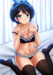 Rule 34 | 1girl, bed sheet, black bra, black hair, black panties, black thighhighs, blush, bra, breasts, character request, cleavage, collarbone, commentary request, curtains, fingers together, frilled bra, frilled panties, frills, green eyes, hair between eyes, hairband, highres, index fingers together, indoors, kanojo okarishimasu, kazenokaze, looking at viewer, medium breasts, navel, off shoulder, panties, short hair, sitting, solo, thighhighs, underwear, underwear only, wariza, wavy mouth