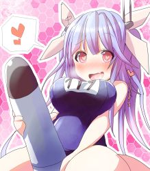Rule 34 | 10s, 1girl, asymmetrical hair, between legs, breasts, drooling, hair ribbon, heart, heart-shaped pupils, hexagon, hexagram, highres, i-19 (kancolle), kantai collection, kuromu (underporno), large breasts, light purple hair, one-piece swimsuit, open mouth, ribbon, saliva, school swimsuit, school uniform, sexually suggestive, side ponytail, smile, solo, spoken heart, swimsuit, symbol-shaped pupils, torpedo