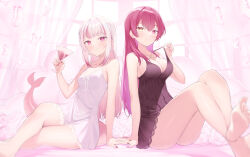 Rule 34 | 2girls, barefoot, black nightgown, blunt bangs, blush, breasts, cleavage, fins, fish tail, gawr gura, gold necklace, heart, heart necklace, heterochromia, highres, hololive, hololive english, houshou marine, jewelry, large breasts, long hair, looking at viewer, multicolored hair, multiple girls, nail polish, necklace, nightgown, red eyes, red hair, red nails, reflect (gawr gura), shark girl, shark tail, sidelocks, small breasts, smile, streaked hair, tail, takumi11, virtual youtuber, white hair, white nightgown, yellow eyes