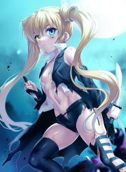 Rule 34 | 1girl, arm at side, bare shoulders, black jacket, black shorts, black thighhighs, blonde hair, blue eyes, blurry, blurry background, breasts, commentary request, eyes visible through hair, feet out of frame, fighting stance, floating hair, full moon, hair between eyes, hand up, heterochromia, holding, holding knife, jacket, knife, long hair, looking at viewer, midriff, moon, nakatsu shizuru, navel, night, no bra, outdoors, parted lips, rewrite, scar, scar on face, scar on leg, serious, shorts, sideboob, skindentation, small breasts, solo, standing, stomach, thighhighs, thighs, torn clothes, torn jacket, torn shorts, twintails, very long hair, yellow eyes, zen (kamuro)