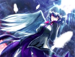 Rule 34 | 1girl, angel wings, backlighting, bow, breasts, brooch, dress, dutch angle, feathers, from below, glowing, glowing feather, grey wings, hand over eye, highres, jacket, jewelry, kishin sagume, kuon no rakuen, legs, light particles, light rays, looking at viewer, purple dress, red eyes, short dress, silver hair, single wing, smile, solo, touhou, water, wings