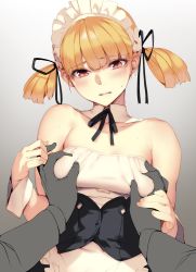 Rule 34 | 1girl, bare shoulders, blonde hair, blush, breasts, commentary request, corset, detached collar, groping, hair between eyes, hair ribbon, hand on another&#039;s hand, hands up, looking down, maid, maid headdress, medium breasts, original, parted lips, pov, pov hands, ribbon, sasaoka gungu, solo, solo focus, sweat, twintails, upper body