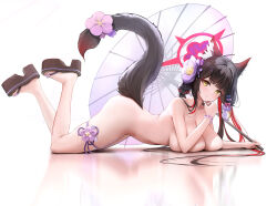 Rule 34 | 1girl, absurdres, animal ear fluff, animal ears, bead bracelet, beads, black hair, blue archive, blush, bracelet, breasts, flower, fox ears, fox girl, fox tail, hair flower, hair ornament, halo, highres, jewelry, large breasts, looking at viewer, lying, malon (chuan2700), multicolored hair, nude, oil-paper umbrella, simple background, solo, tail, tail flower, tail ornament, thigh strap, thighs, two-tone hair, umbrella, wakamo (blue archive), wakamo (swimsuit) (blue archive), yellow eyes