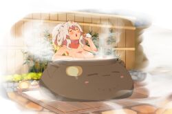 Rule 34 | 1girl, = =, animal ears, bath, bathtub, blush stickers, breasts, cleavage, commentary request, folded hair, grey hair, highres, hololive, large breasts, lion ears, lion girl, long hair, messy hair, nude, onsen, open mouth, partially submerged, shishiro botan, ssrb (shishiro botan), steaming body, sweat, virtual youtuber, yumemori jabara