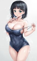 Rule 34 | 1girl, bare shoulders, black hair, black one-piece swimsuit, blunt bangs, blush, bob cut, breasts, cleavage, collarbone, commentary request, competition swimsuit, covered navel, cowboy shot, green eyes, hair ornament, hairclip, highres, kirigaya suguha, large breasts, looking at viewer, one-piece swimsuit, parted lips, r-binon, short hair, sidelocks, simple background, solo, standing, strap pull, swimsuit, sword art online, wet, white background