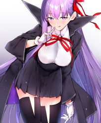 Rule 34 | 1girl, bb (fate), bb (fate/extra), black coat, black legwear, black skirt, blush, breasts, closed mouth, coat, fate/extra, fate/extra ccc, fate (series), gloves, hair ribbon, high-waist skirt, highres, index finger raised, large breasts, leaning forward, leotard, licking lips, long hair, long sleeves, looking at viewer, neck ribbon, open clothes, open coat, popped collar, purple eyes, purple hair, red ribbon, remora180, ribbon, skirt, smile, thighs, tongue, tongue out, very long hair, white gloves, white leotard, wide sleeves