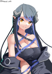 Rule 34 | 1girl, bandeau, black bandeau, black hair, black jacket, blue hair, blush, breasts, brown eyes, cleavage, closed mouth, commentary request, curled horns, demon girl, demon horns, demon tail, grey horns, hair between eyes, head tilt, hebiyoi tier, hebiyoi tier (1st costume), highres, horns, jacket, large breasts, long hair, looking at viewer, multicolored hair, nanashi inc., navel, off shoulder, pointy ears, shiranui enki, simple background, smile, snake bite, solo, sugar lyric, tail, two-tone hair, underboob, upper body, virtual youtuber, white background