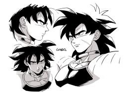 Rule 34 | 1boy, armor, black hair, broly (dragon ball super), clone, close-up, dragon ball, dragon ball super, dragon ball super broly, expressionless, from above, from below, frown, greyscale, highres, jewelry, looking away, male focus, monochrome, necklace, profile, scar, serious, shaded face, simple background, spiked hair, tama azusa hatsu, twitter username, upper body, white background