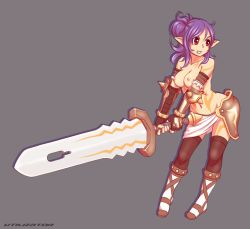Rule 34 | angry, armor, breasts, clenched teeth, hip focus, pointy ears, purple hair, sword, tagme, teeth, topless, utilizator, weapon