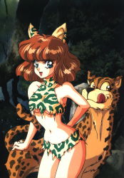 Rule 34 | 1girl, :d, :q, amazon warrior, animal ears, animal print, bikini, blue eyes, blush, breasts, brown hair, cat ears, green bikini, highres, jungle girl, leopard, leopard print, medium breasts, mon mon, nature, navel, open mouth, outdoors, retro artstyle, scan, short hair, smile, solo, sports bikini, standing, swimsuit, tongue, tongue out, torn clothes, tree, turtleneck, underboob, wide hips