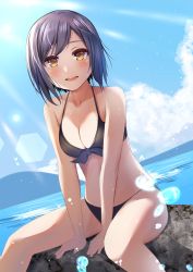 Rule 34 | 1girl, bikini, black bikini, black hair, blue sky, breasts, brown eyes, cleavage, cloud, commentary request, day, dutch angle, feet out of frame, front-tie top, highres, horizon, lens flare, looking at viewer, maimaiko, medium breasts, nijisanji, ocean, outdoors, rock, shizuka rin, short hair, sitting, sky, smile, solo, swimsuit, virtual youtuber, water