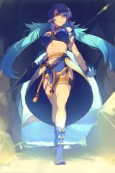 Rule 34 | 1girl, blue hair, breasts, echo (circa), full body, gloves, judith (tales), large breasts, long hair, looking at viewer, medium breasts, midriff, pointy ears, polearm, red eyes, solo, spear, tales of (series), tales of vesperia, weapon