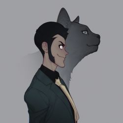 Rule 34 | 1boy, arsene lupin iii, black hair, cat, formal, green jacket, grey background, highres, jacket, looking at another, lupin iii, profile, red eyes, short hair, smile, solo, sonne431, suit, yellow neckwear