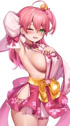 Rule 34 | 1girl, ;d, absurdres, ahoge, arm behind head, arm up, armpits, bell, blouse, blush, breasts, collared shirt, commentary, cowboy shot, deaver, detached sleeves, floral print, green eyes, hair bell, hair between eyes, hair ornament, highres, hololive, jingle bell, large breasts, long hair, long sleeves, looking at viewer, one eye closed, one side up, open mouth, pink hair, sakura miko, sakura miko (1st costume), shirt, sideboob, simple background, smile, solo, standing, sweatdrop, symbol-only commentary, virtual youtuber, white background, white shirt, x hair ornament