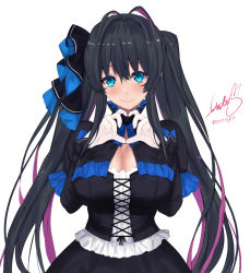 Rule 34 | 1girl, antenna hair, bad id, bad twitter id, black capelet, black dress, blue bow, blue bowtie, blue eyes, blue hair, blush, bow, bowtie, breasts, capelet, cleavage, cleavage cutout, closed mouth, clothing cutout, copyright request, cowboy shot, cross-laced clothes, cross-laced top, dress, gloves, heart, heart hands, highres, large breasts, long hair, long sleeves, looking at viewer, mole, mole on breast, signature, simple background, smile, solo, twintails, untue, very long hair, white background, white gloves
