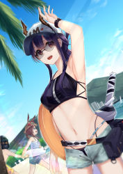 Rule 34 | 1boy, 2girls, :d, amiya (arknights), animal ears, arknights, arm up, armpits, bare arms, bare shoulders, baseball cap, beach, belt, bikini, black bikini, blue sky, breasts, brown eyes, brown headwear, ch&#039;en (arknights), ch'en (arknights), commentary, cowboy shot, day, doctor (arknights), dragon horns, dutch angle, ears through headwear, english commentary, female tourist c (arknights), from side, glint, grey shorts, groin, hat, heart, highleg, highleg bikini, highres, horns, horns through headwear, innertube, lens flare, light rays, long hair, looking at viewer, male doctor (arknights), medium breasts, multiple girls, navel, official alternate costume, open fly, open mouth, pouch, profile, purple hair, rabbit ears, short shorts, shorts, sidelocks, sky, smile, standing, stomach, sun hat, sunglasses, swim ring, swimsuit, tinted eyewear, wrist cuffs, yatsucchie