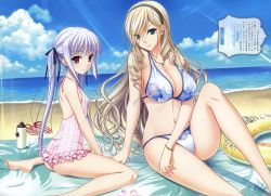 Rule 34 | 10s, 2girls, absurdres, arm support, ass, back, bangle, barefoot, beach, beach towel, bikini, blonde hair, blue eyes, blush, bottle, bracelet, breasts, casual one-piece swimsuit, celia kumani entory, cleavage, cloud, cross, cross necklace, day, drill hair, drinking straw, eyes visible through hair, feet, fingernails, floral print, hair over one eye, hair ribbon, hairband, halterneck, highres, innertube, jewelry, komori kei, large breasts, legs, light purple hair, light rays, light smile, lisa eostre, long fingernails, long hair, looking at viewer, looking back, multiple girls, nail polish, navel, necklace, ocean, official art, one-piece swimsuit, outdoors, pink one-piece swimsuit, plaid, print bikini, purple eyes, red eyes, ribbon, sandals, scan, shiny skin, silver hair, sitting, skindentation, sky, small breasts, smile, soles, string bikini, sunbeam, sunlight, swim ring, swimsuit, towel, translation request, twin drills, twintails, unworn sandals, very long hair, walkure romanze, wariza, water, wide hips
