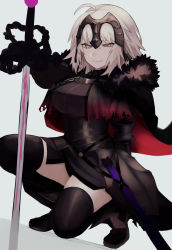 Rule 34 | 1girl, absurdres, armor, armored dress, bad id, bad pixiv id, black dress, black thighhighs, breasts, chain, collar, dress, fate/grand order, fate (series), faulds, gauntlets, grey hair, headpiece, highres, jeanne d&#039;arc alter (avenger) (fate), jeanne d&#039;arc alter (fate), large breasts, looking at viewer, metal collar, plackart, short hair, smile, solo, squatting, sumi (gfgf 045), sword, thighhighs, weapon, yellow eyes