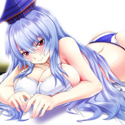 Rule 34 | 1girl, ass, blue hair, blue panties, blush, breast press, breasts, cleavage, ebi 193, hat, kamishirasawa keine, large breasts, long hair, looking at viewer, lying, on stomach, panties, red eyes, revision, smile, solo, touhou, underwear