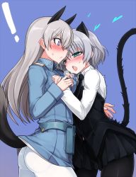 Rule 34 | !, 2girls, :&lt;, animal ears, aqua eyes, ass, black legwear, black skirt, cat ears, cat tail, commentary request, eila ilmatar juutilainen, fox ears, fox tail, heart, heavy breathing, long hair, long sleeves, looking at another, military, military uniform, miniskirt, multiple girls, null (nyanpyoun), pantyhose, purple background, purple eyes, sanya v. litvyak, short hair, silver hair, skirt, strike witches, surprised, sweat, tail, uniform, white legwear, world witches series