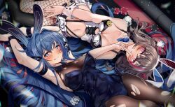 Rule 34 | 2girls, animal ears, aqua nails, armpits, azur lane, badge, bare shoulders, black leotard, blue eyes, blue hair, blue leotard, blush, bodystocking, bow, bowtie, braid, breasts, button badge, cleavage, crossed bangs, detached collar, fake animal ears, finger to mouth, fishnet pantyhose, fishnets, grey hair, grin, hair between eyes, hair ribbon, heart, heart-shaped pupils, heaven&#039;s melody, highres, large breasts, leotard, long hair, looking at viewer, lying, midriff, miniskirt, mixed-language commentary, multicolored hair, multiple girls, navel, new jersey (azur lane), new jersey (exhilarating steps!) (azur lane), official alternate costume, on back, pantyhose, playboy bunny, pleated skirt, poker chip, purple eyes, rabbit ears, red hair, ribbon, san francisco (azur lane), san francisco (funny bunny!) (azur lane), see-through, see-through cleavage, sidelocks, skirt, smile, strapless, strapless leotard, streaked hair, suspender skirt, suspenders, symbol-shaped pupils, teeth, torn bodystocking, torn clothes, twintails, very long hair, white skirt, wrist cuffs