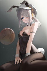 Rule 34 | 1girl, absurdres, animal ears, bare shoulders, black leotard, black survival, blue eyes, blush, bow, bowtie, breasts, brown pantyhose, cleavage, commentary, covered navel, emma 0215, eternal return: black survival, eyepatch, fake animal ears, fake tail, grey background, hair over one eye, hat, heavy breathing, highres, leotard, looking at viewer, pantyhose, playboy bunny, rabbit ears, rabbit tail, short hair, simple background, sissela kyle, sitting, small breasts, solo, strapless, strapless leotard, symbol-only commentary, tail, white hair, white hat, wilson (black survival), wrist cuffs