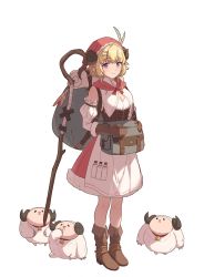 Rule 34 | 1girl, alternate costume, animal ears, apron, backpack, bag, boots, closed mouth, detached sleeves, dress, gloves, head scarf, highres, hololive, horns, leather, leather boots, leather gloves, looking at viewer, mozuku (honida1215), pouch, purple eyes, sheep ears, sheep girl, sheep horns, short dress, short hair, sleeveless, sleeveless dress, smile, solo, tsunomaki watame, underbust, virtual youtuber, waist apron, watamate, white apron
