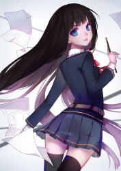 Rule 34 | 1girl, absurdres, arm at side, black hair, black suit, black thighhighs, blue eyes, closed mouth, commentary request, eyelashes, formal, from behind, highres, long hair, long sleeves, looking at viewer, original, paper, pleated skirt, red neckwear, skirt, solo, standing, suit, sylvia (huajiuhuajiu), thighhighs, zettai ryouiki