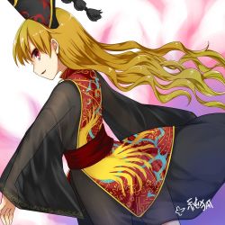Rule 34 | &gt;:d, 1girl, :d, back, black hat, blonde hair, character name, chinese clothes, hat, junko (touhou), long hair, looking at viewer, looking back, monrooru, obi, open mouth, red eyes, sash, see-through, smile, solo, tabard, touhou, v-shaped eyebrows, very long hair, wavy hair, wide sleeves