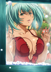 Rule 34 | 1girl, aqua hair, bare arms, breast press, breasts, christmas tree, cleavage, collarbone, from outside, green eyes, hair between eyes, ikkitousen, large breasts, long hair, open mouth, red shirt, ryofu housen, shirt, sleeveless, sleeveless shirt, snow, snowing, solo, strap slip, twintails, upper body