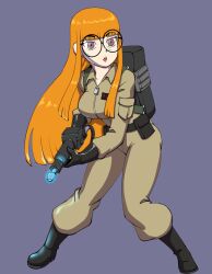 Rule 34 | absurdres, antimatter weapon, atlus, belt, boots, commission, commissioner upload, crossover, darkeros, directed-energy weapon, energy gun, energy weapon, ghostbusters, glasses, gloves, highres, jumpsuit, megami tensei, neutrino wand, orange hair, particle-beam weapon, particle thrower, persona, persona 5, proton pack, purple eyes, sakura futaba, weapon