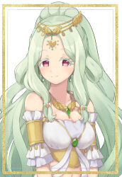 Rule 34 | 1girl, armlet, bad id, bare shoulders, breasts, circlet, closed mouth, commentary request, earrings, forehead jewel, gem, green gemstone, green hair, highres, inactive account, jewelry, jewlie (pripara), large breasts, long hair, looking at viewer, necklace, parted bangs, pretty series, pripara, purple eyes, shiyurinpu, smile, solo, upper body, white background