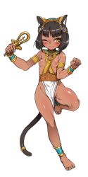 Rule 34 | 1girl, ;3, absurdres, animal ears, anklet, armlet, bare legs, bare shoulders, barefoot, bastet (mythology), black hair, blunt bangs, blush, bob cut, bracelet, breasts, cat ears, cat tail, closed mouth, collarbone, commentary request, dark-skinned female, dark skin, egyptian, egyptian clothes, egyptian mythology, full body, gold trim, groin, harigane shinshi, headgear, highres, holding, holding instrument, instrument, jewelry, leg up, looking at viewer, necklace, nipples, one eye closed, original, pelvic curtain, shiny skin, short hair, simple background, slit pupils, small breasts, smile, solo, tail, tail ornament, tail ring, tambourine, white background, yellow eyes