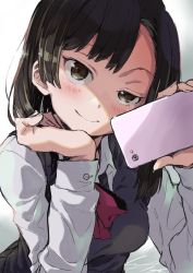 Rule 34 | 1girl, black hair, blush, brown eyes, cellphone, commentary request, head rest, holding, holding phone, io naomichi, long hair, long sleeves, looking at viewer, neckerchief, original, phone, school uniform, smartphone, smile, smirk, smug, solo, uneven eyes, vest