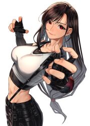 Rule 34 | 1girl, black gloves, black hair, black skirt, breasts, closed mouth, collarbone, commentary request, final fantasy, final fantasy vii, final fantasy vii remake, fingerless gloves, gloves, highres, large breasts, long hair, looking at viewer, low-tied long hair, midriff, navel, pink lips, red eyes, simple background, skirt, smile, solo, standing, suspenders, temoc, tifa lockhart, white background