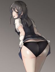 Rule 34 | 1girl, ass, black hair, black panties, black skirt, black vest, brown eyes, clothes lift, commentary request, cowboy shot, dress shirt, from behind, gloves, gradient background, grey background, hair ornament, hairclip, highres, kantai collection, leaning forward, looking at viewer, looking back, open mouth, oyashio (kancolle), panties, pleated skirt, school uniform, shirt, short sleeves, skirt, skirt lift, solo, underwear, vest, wasumi kei, white gloves, white shirt